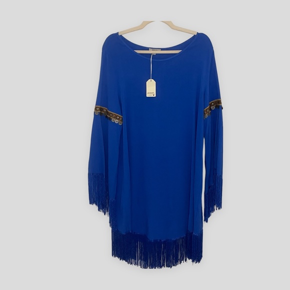 JODIFL Blue Fringe Midi Shift Dress with Fringe & Coin Embellishments Size LNWT - Picture 1 of 8